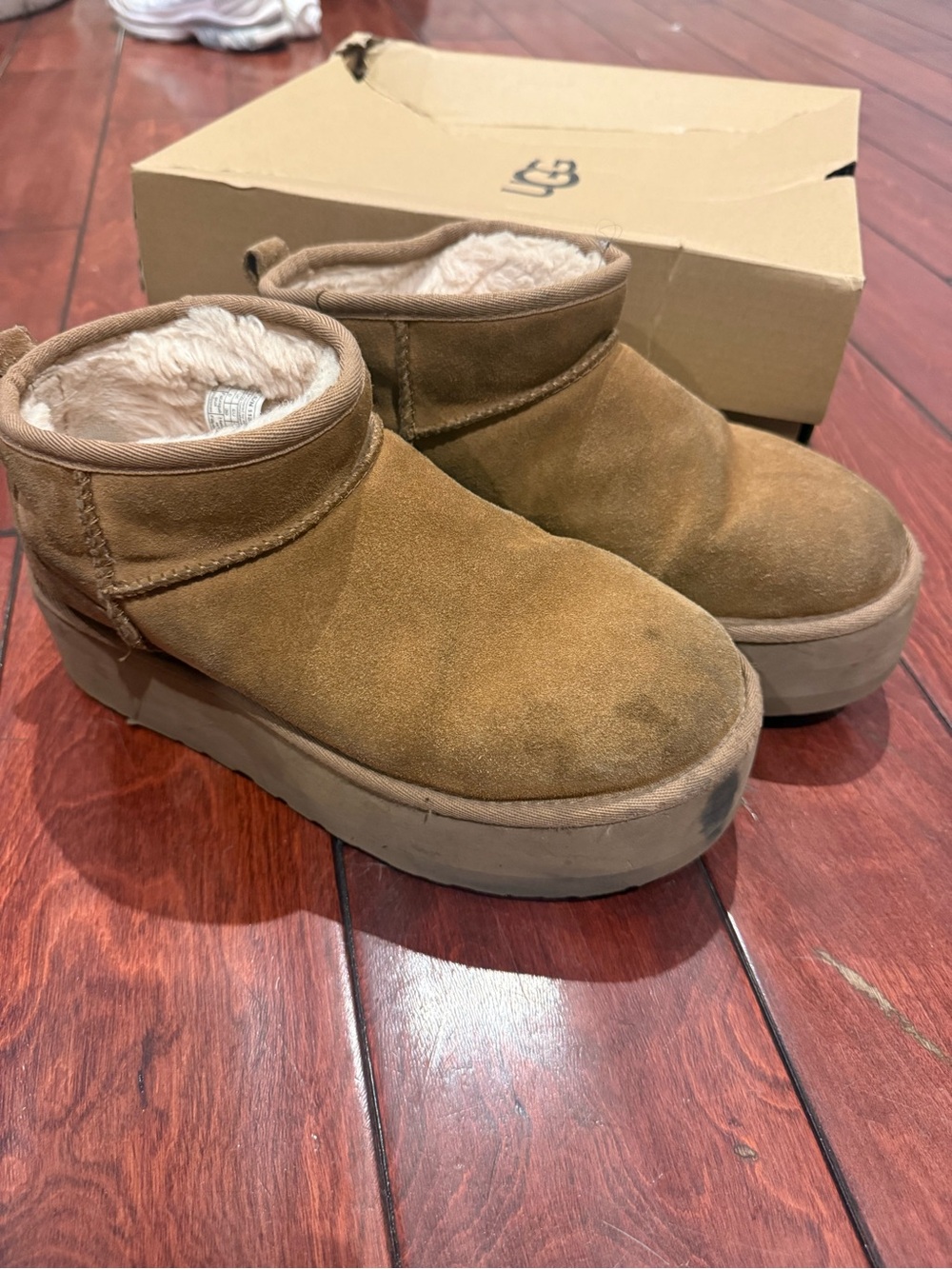UGG Chestnut Suede Platform Shearling Mules